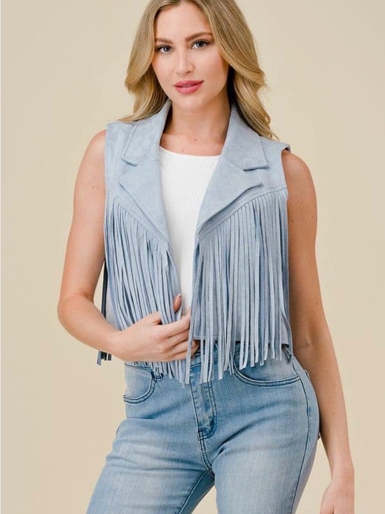 Saint and hearts Jackets & Blazers - Fringed Suede Crop Vest - Light Blue